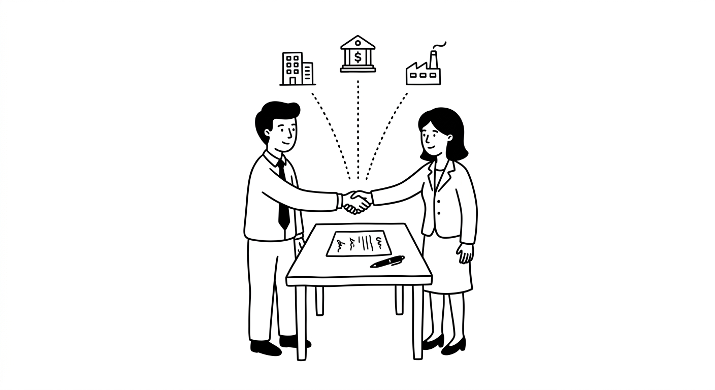 Dos personas se dan la mano sobre un contrato firmado